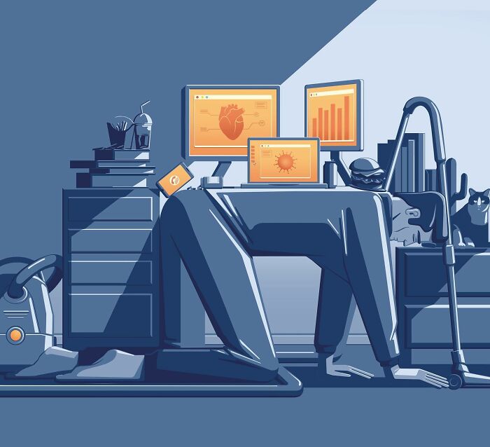 Surreal illustration showing a person bent under multiple screens, symbolizing digital overload and stress.