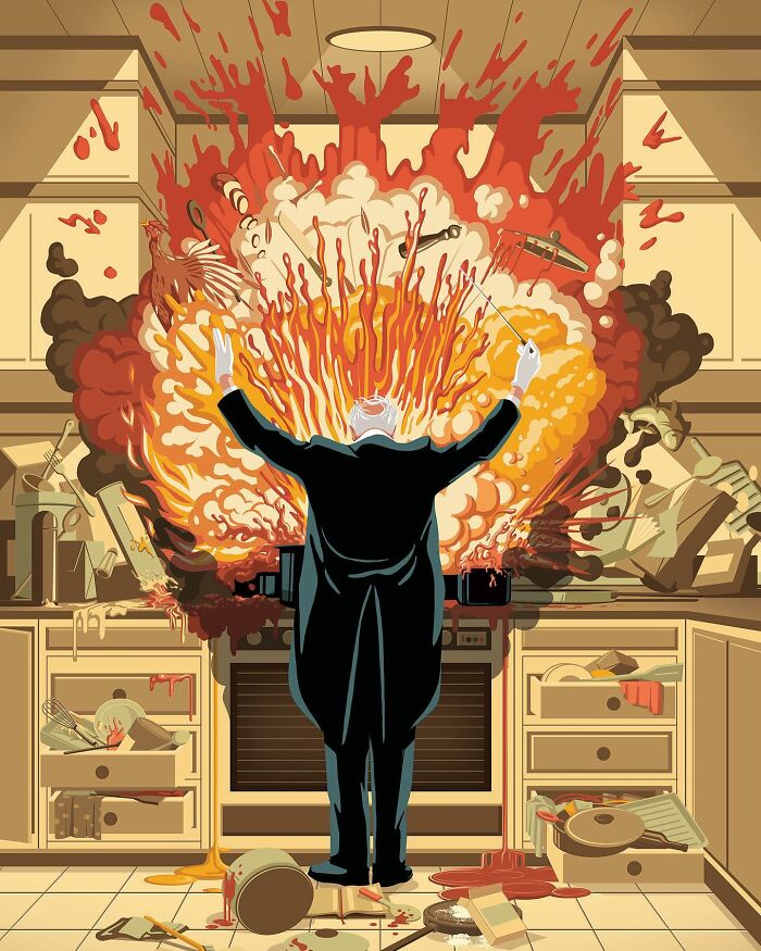 Powerful illustration by Stephan Schmitz showing a conductor orchestrating an explosive chaotic scene in a kitchen.