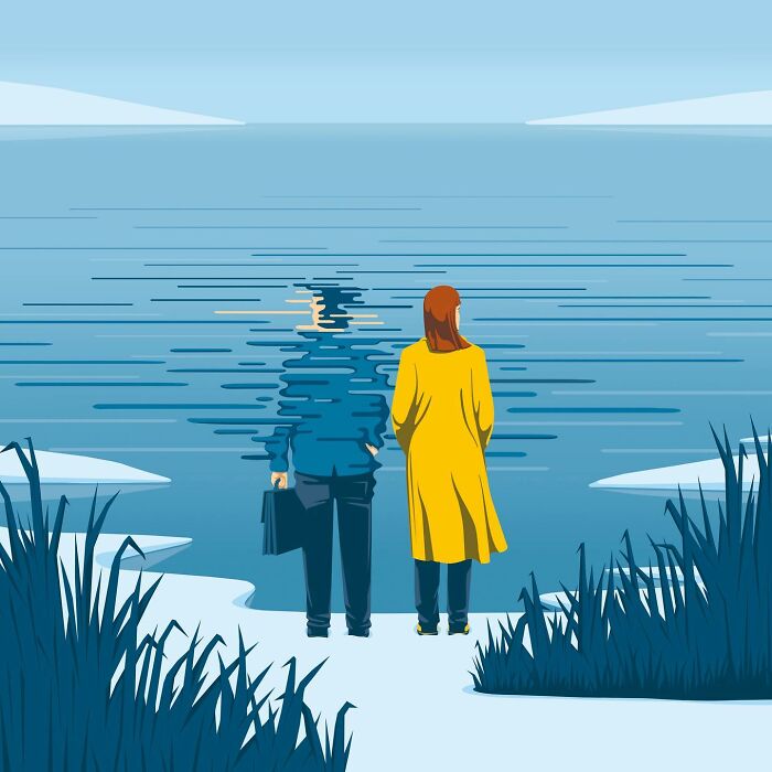Two people standing by a lake with a distorted reflection, a powerful illustration by Stephan Schmitz.