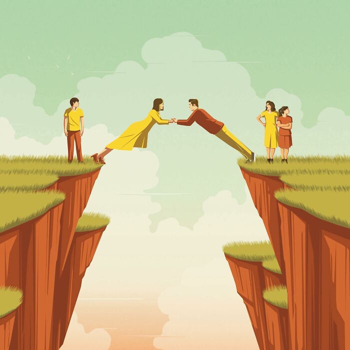 Powerful illustration by Stephan Schmitz showing two people bridging a gap while others watch from the edges of cliffs.
