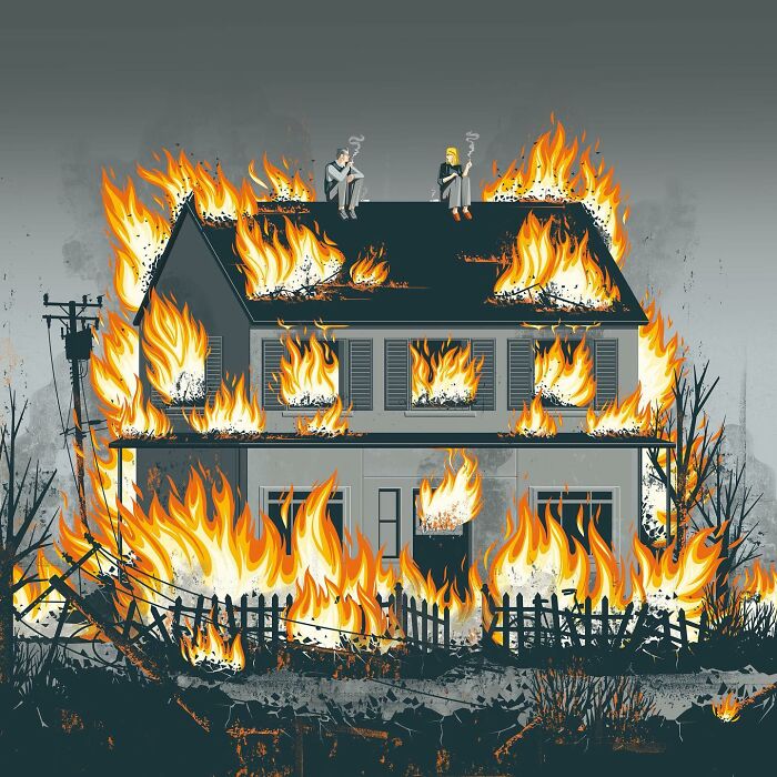 Illustration by Stephan Schmitz of a house on fire with two people calmly sitting and smoking on the roof.
