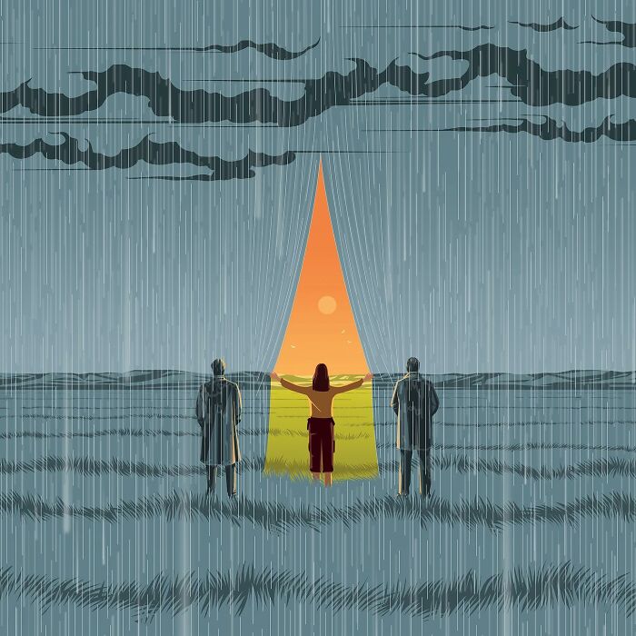 Illustration by Stephan Schmitz showing a person opening a bright curtain in heavy rain, symbolizing hope and change.