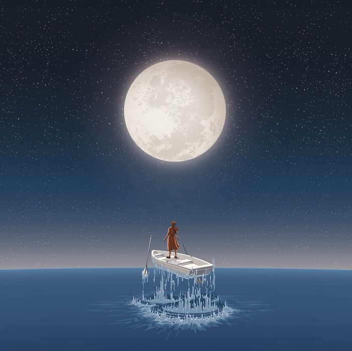 Powerful illustration by Stephan Schmitz showing a person rowing a boat toward a large glowing moon on a starry night.