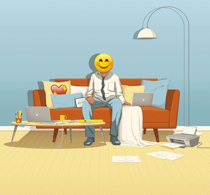 Man with smiley face emoji head sitting on sofa surrounded by laptops and papers in a powerful illustration by Stephan Schmitz.