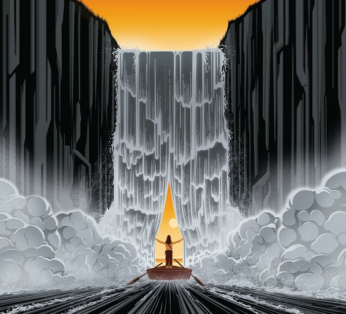 Powerful illustration by Stephan Schmitz showing a person in a boat navigating through a waterfall split at sunset.