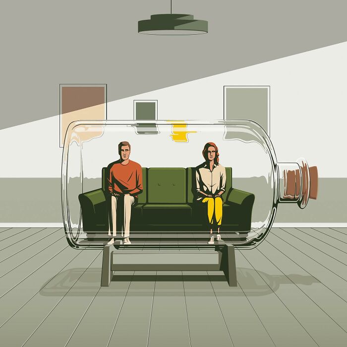 Two people sitting on a couch inside a large glass bottle, a powerful illustration by Stephan Schmitz.