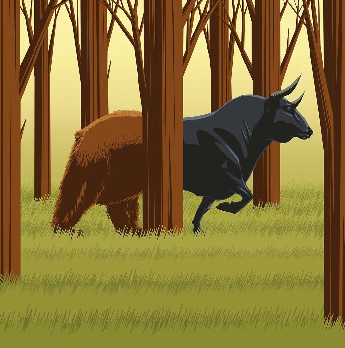 Powerful illustration by Stephan Schmitz showing a bear and bull merging in a forest, symbolizing market dynamics.