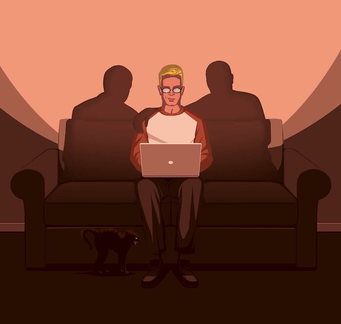 Illustration by Stephan Schmitz showing a man with a laptop on a couch, shadows forming mysterious figures behind him.