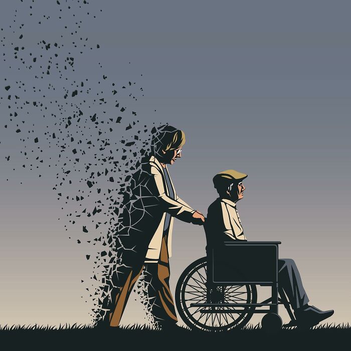 Powerful illustration by Stephan Schmitz showing a person pushing another in a wheelchair with fragmented effects.