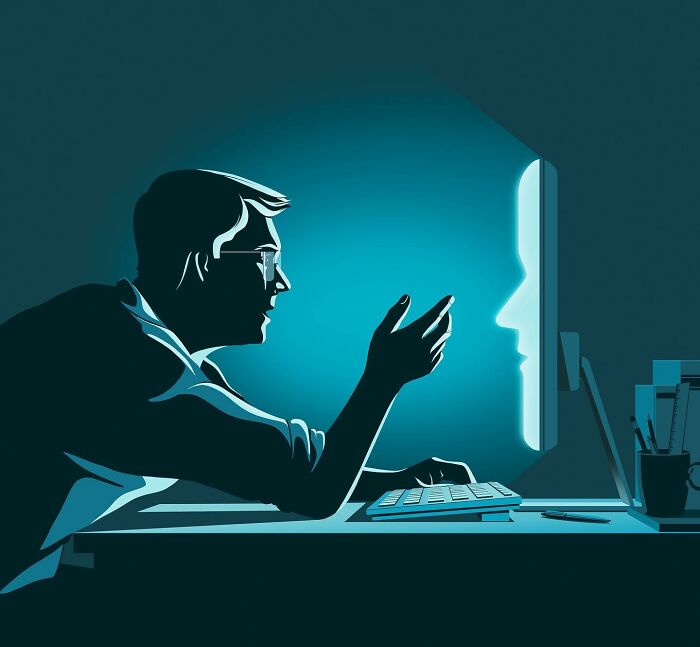 Illustration by Stephan Schmitz showing a man interacting thoughtfully with a glowing face on a computer screen.