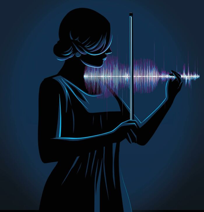 Silhouette of a woman playing a violin with sound waves as strings in a powerful illustration by Stephan Schmitz.