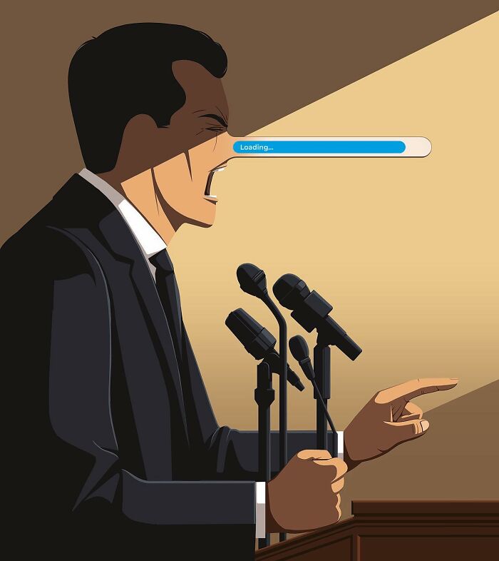 Powerful illustration by Stephan Schmitz showing a man at microphones with a loading bar coming from his mouth.