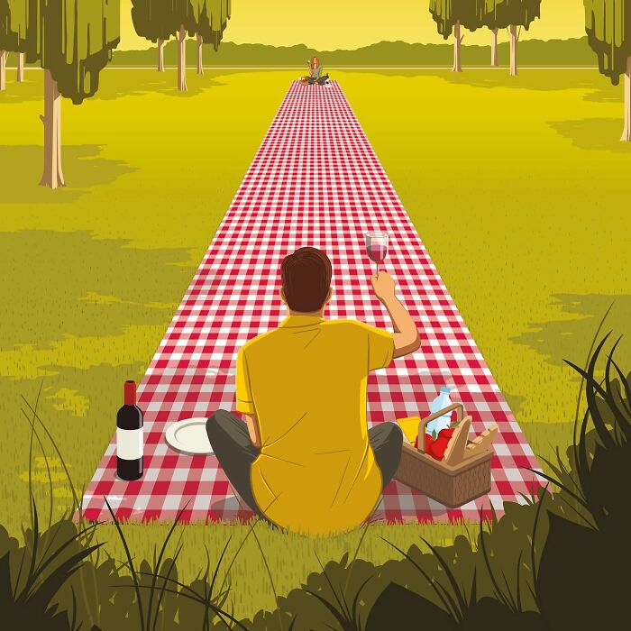 Illustration by Stephan Schmitz showing a man sitting at a long picnic blanket holding a glass of wine in a park.