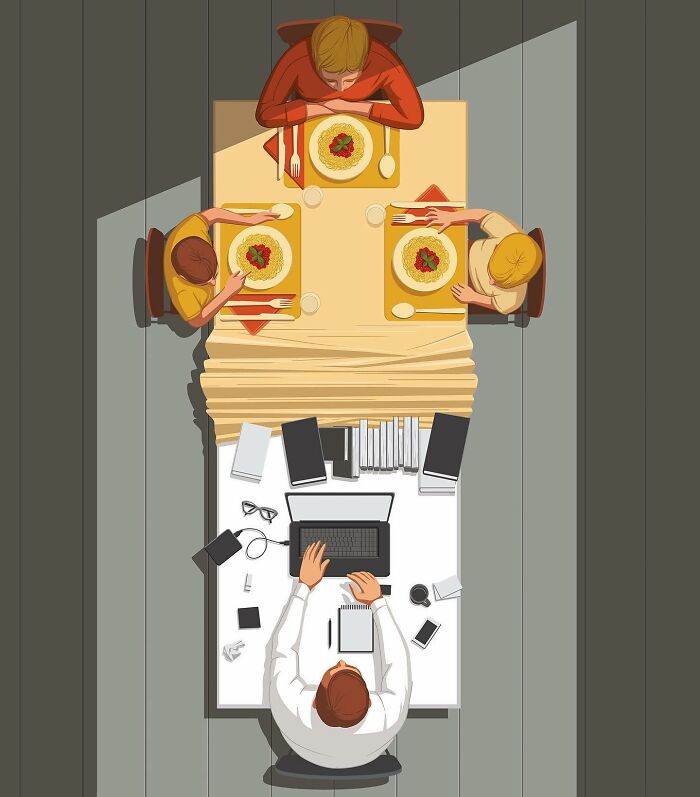 Overhead illustration showing work-life balance with a man working at a laptop while family shares a meal nearby, powerful illustration.