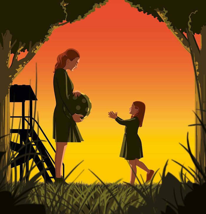 Powerful illustration by Stephan Schmitz showing a woman holding a globe and a child reaching out at sunset.