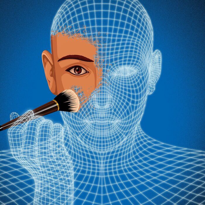 Powerful illustration by Stephan Schmitz showing a wireframe figure applying makeup with a brush on its face.