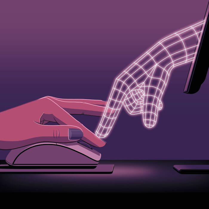 Digital illustration showing a human hand using a mouse while a wireframe hand reaches out, representing powerful illustrations.
