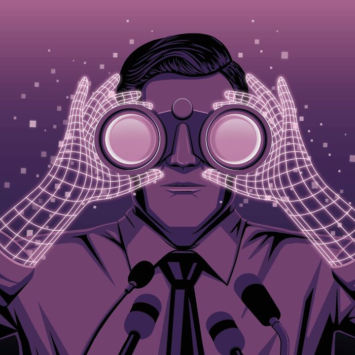 Digital illustration showing a man with virtual grid hands holding binoculars, reflecting powerful illustrations by Stephan Schmitz.