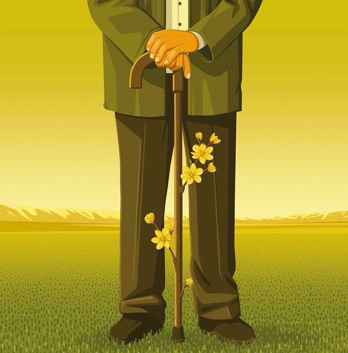Illustration by Stephan Schmitz showing a man holding a cane with yellow flowers growing around it in a field.