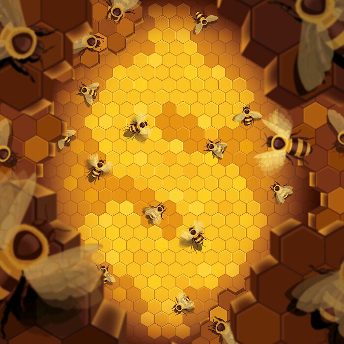 Illustration of bees working inside a honeycomb, showcasing detailed hexagonal patterns in warm yellow and brown tones.