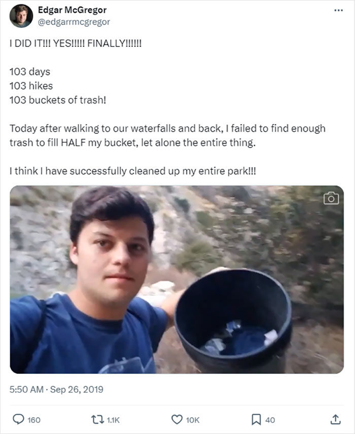This Guy Cleaned Up An Entire Park By Himself! He Went Hiking For At Least An Hour Everyday, Filling 1-2 Buckets To The Brim With Trash Every Hike