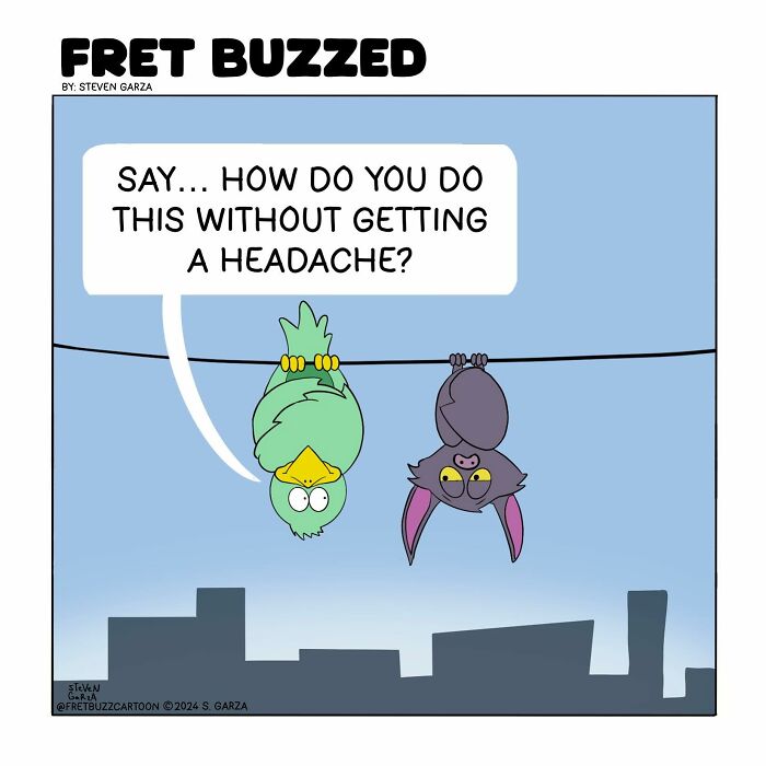 Bird and bat hanging upside down having a humorous conversation in a single-panel comic about absurd situations.