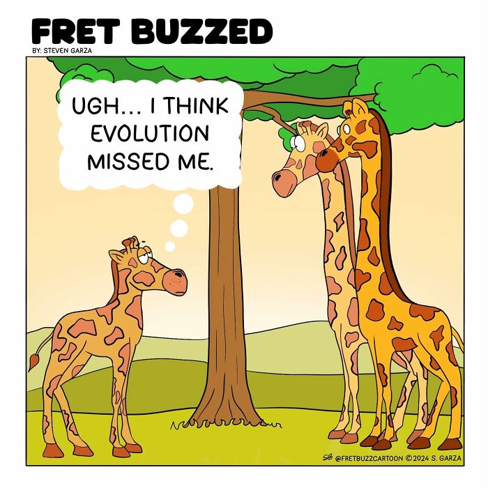 Single-panel comic by Steven Garza shows a giraffe feeling left out, thinking evolution missed him in an absurd situation.