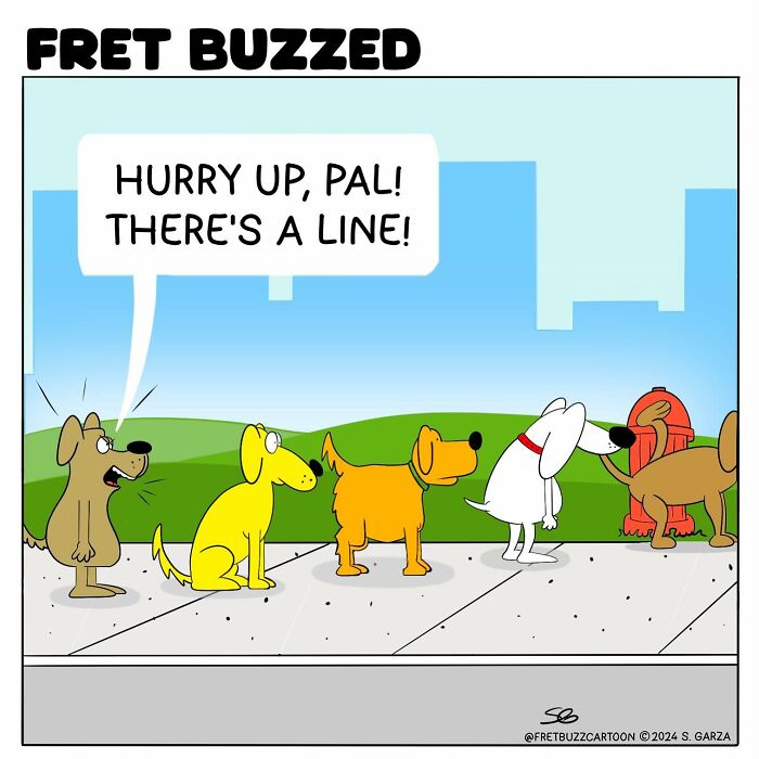 Dogs standing in a line on a sidewalk with one dog telling another to hurry up in this absurd single-panel comic.
