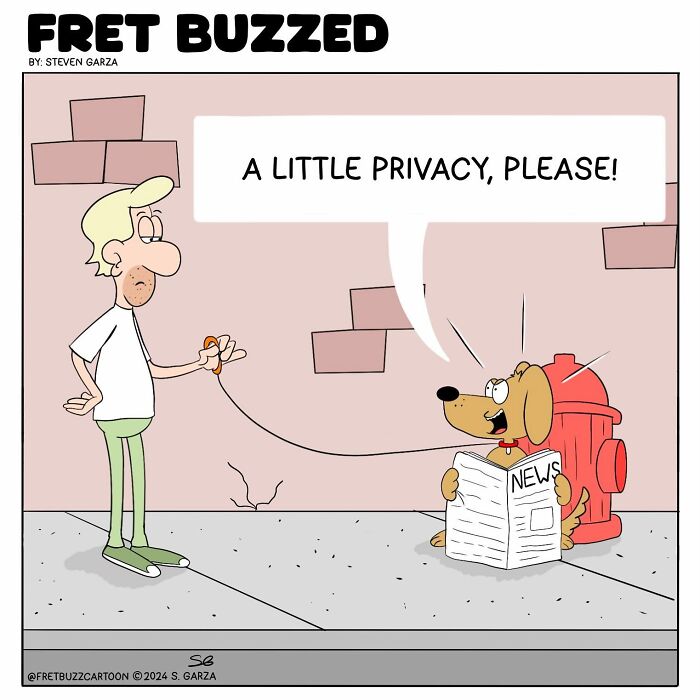 Single-panel comic by Steven Garza showing a dog reading a newspaper and asking for privacy in an absurd situation.