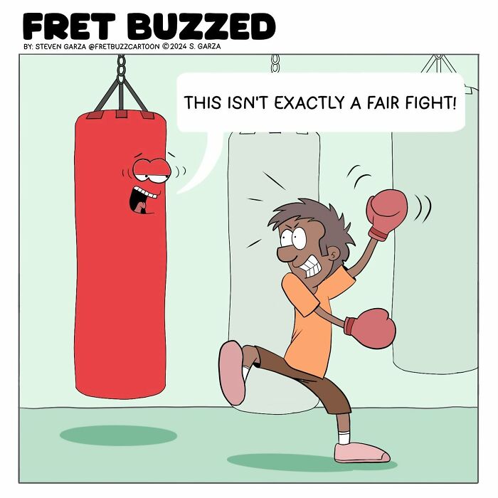 Comic panel showing a man boxing a talking punching bag, highlighting absurd situations in single-panel comics.