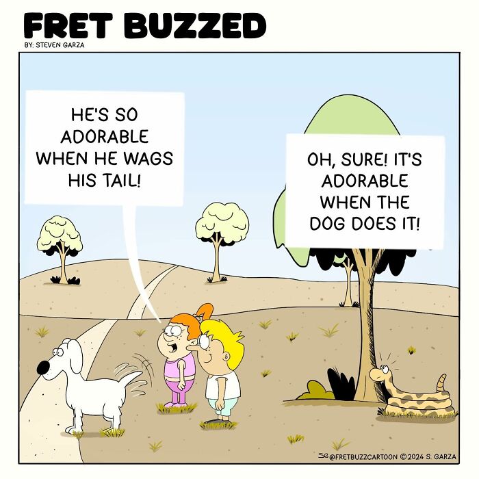 Single-panel comic by Steven Garza shows an absurd situation with children and a dog wagging its tail.
