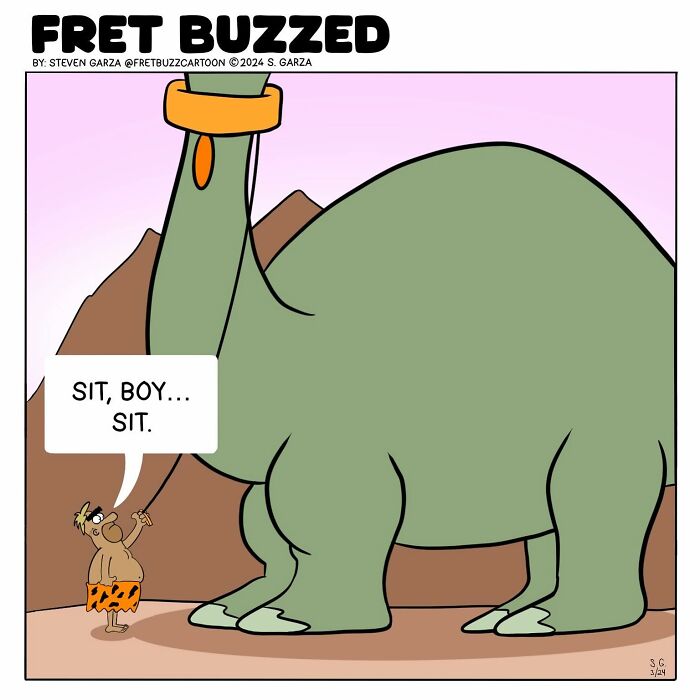 Single-panel comic by Steven Garza showing a caveman training a large dinosaur in an absurd situation.