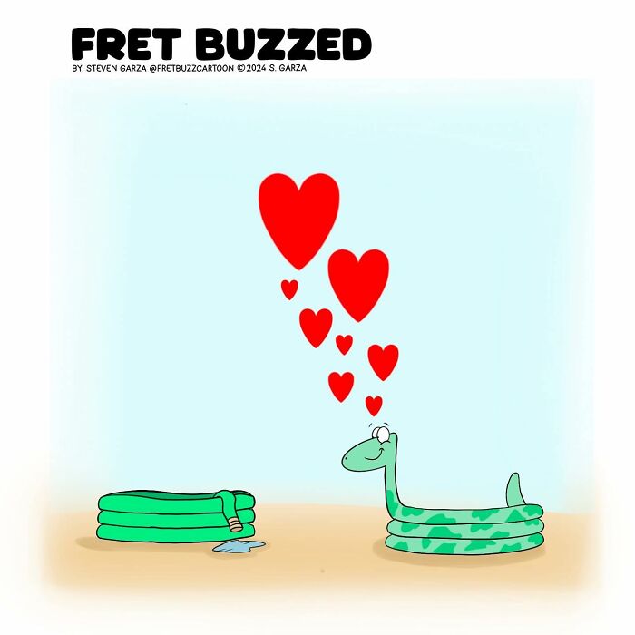 Single-panel comic by Steven Garza showing a snake in an absurd situation with heart-shaped love bubbles.
