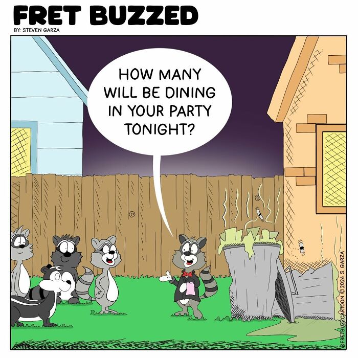 Single-panel comic by Steven Garza showing raccoons humorously planning a dining party in an absurd situation outdoors.