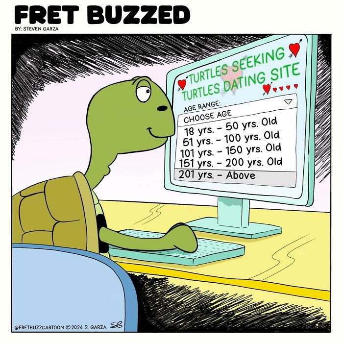 Turtle using a computer on a dating site with exaggerated age ranges in a single-panel comic by Steven Garza.