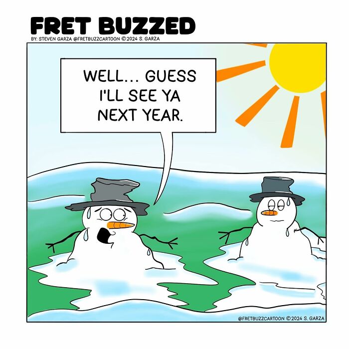 Melting snowmen in absurd single-panel comic by Steven Garza, one saying see you next year under the bright sun.