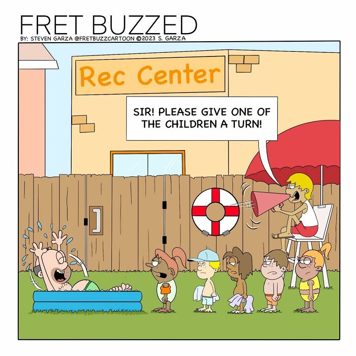 Absurd single-panel comic by Steven Garza showing a lifeguard giving an adult a turn before children at a Rec Center pool.