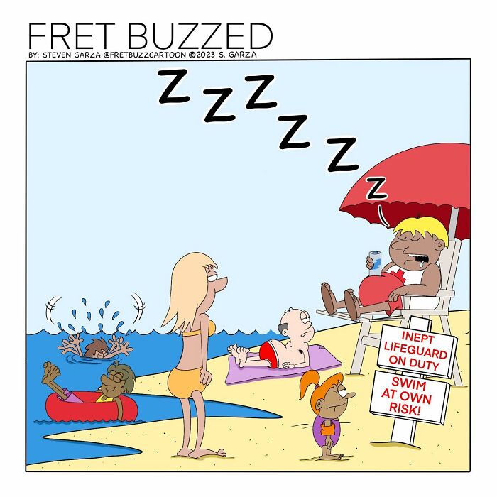 Beach scene single-panel comic showing an inept lifeguard asleep as swimmers face danger, illustrating absurd situations by Steven Garza.