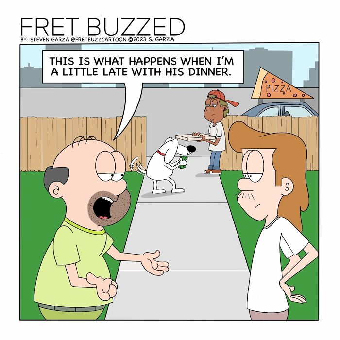 Single-panel comic by Steven Garza showing a man explaining a dog drinking money in an absurd situation.