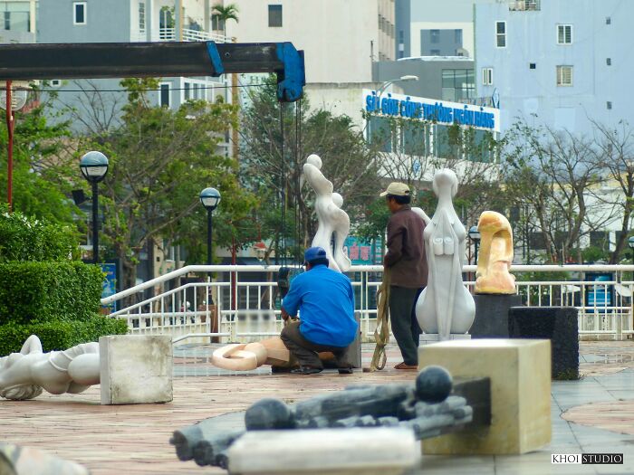 Stone Statues Along The Han River Are Lowered To The Ground To Avoid Falling Due To Strong Winds
