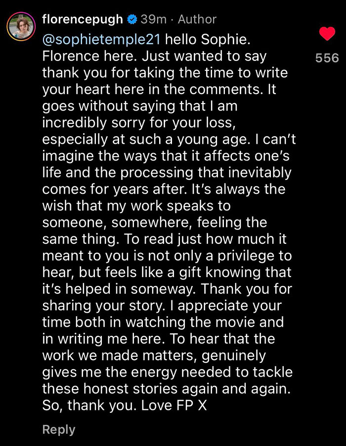 Florence Pugh Praised For Heartwarming Response To Fan Who Lost Her Mom To Cancer Florence Pugh Praised For Heartwarming Response To Fan Who Lost Her Mom To Cancer