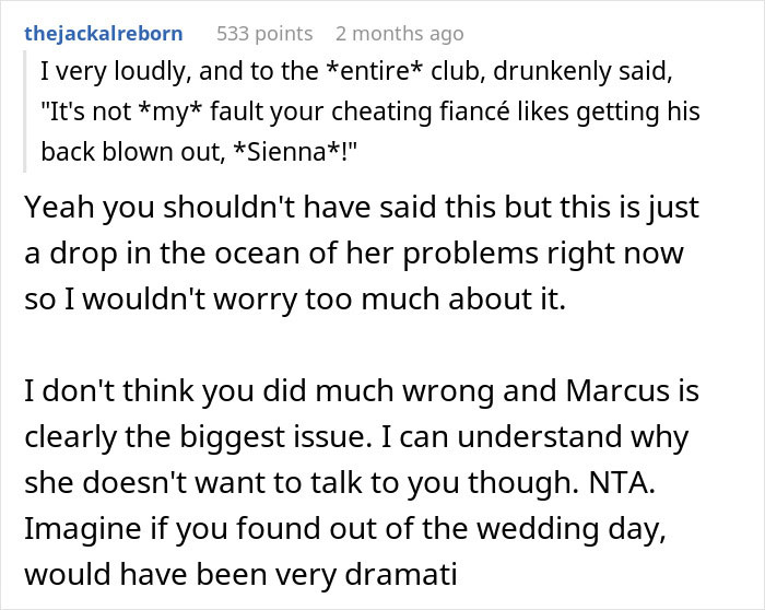 A Reddit comment discussing a situation about a cheating fiancé at a pre-wedding party. A Reddit comment discussing a situation about a cheating fiancé at a pre-wedding party.