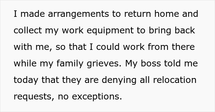 WFH Worker Wants To Relocate To Grieve Loss With Family, Gets A “Cold Reminder” Instead WFH Worker Wants To Relocate To Grieve Loss With Family, Gets A “Cold Reminder” Instead