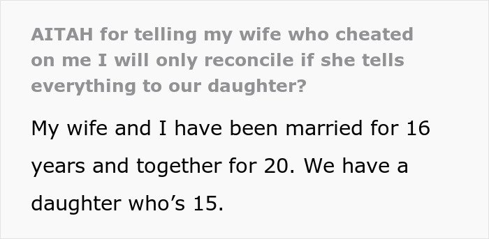 Text about forgiveness and affair consequences in a family with a 15-year-old daughter. Text about forgiveness and affair consequences in a family with a 15-year-old daughter.