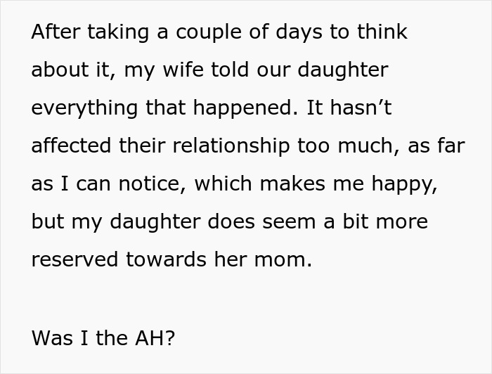 Text about a man's reflection on forgiving his wife's affair, discussing their daughter's reaction. Text about a man's reflection on forgiving his wife's affair, discussing their daughter's reaction.
