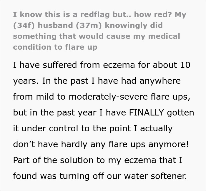 Woman Suspects Hubby Turned On Soft Water To &ldquo;Test&rdquo; Her Eczema, Worries About Her Marriage