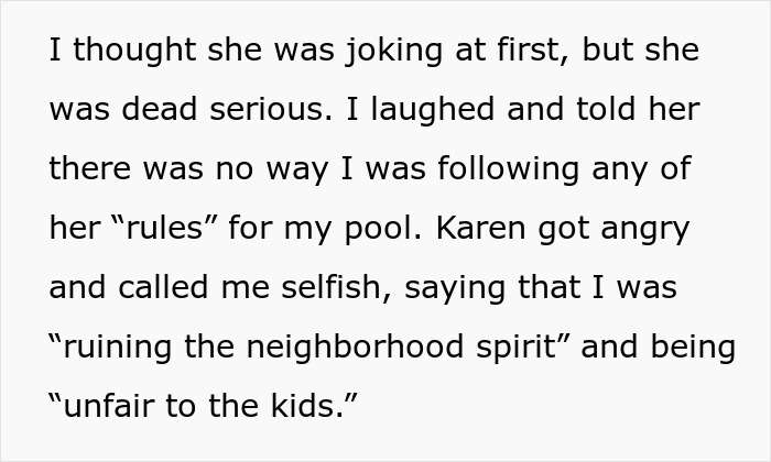 Text showing a dispute where Karen uses neighbor’s pool and brings a list of rules, causing argument over neighborhood fairness. Text showing a dispute where Karen uses neighbor’s pool and brings a list of rules, causing argument over neighborhood fairness.