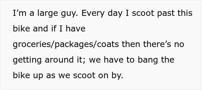 Guy Sick Of Lady's Bike Blocking Hall, Gets It Removed By Property Management As She Won't Listen Guy Sick Of Lady's Bike Blocking Hall, Gets It Removed By Property Management As She Won't Listen