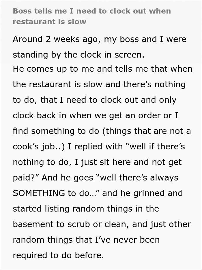 &ldquo;Boss Tells Me I Need To Clock Out When Restaurant Is Slow&rdquo;