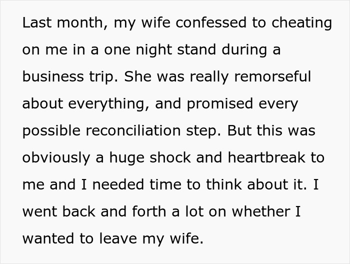 Text detailing a husband's emotional struggle after wife’s confessed affair. Text detailing a husband's emotional struggle after wife’s confessed affair.